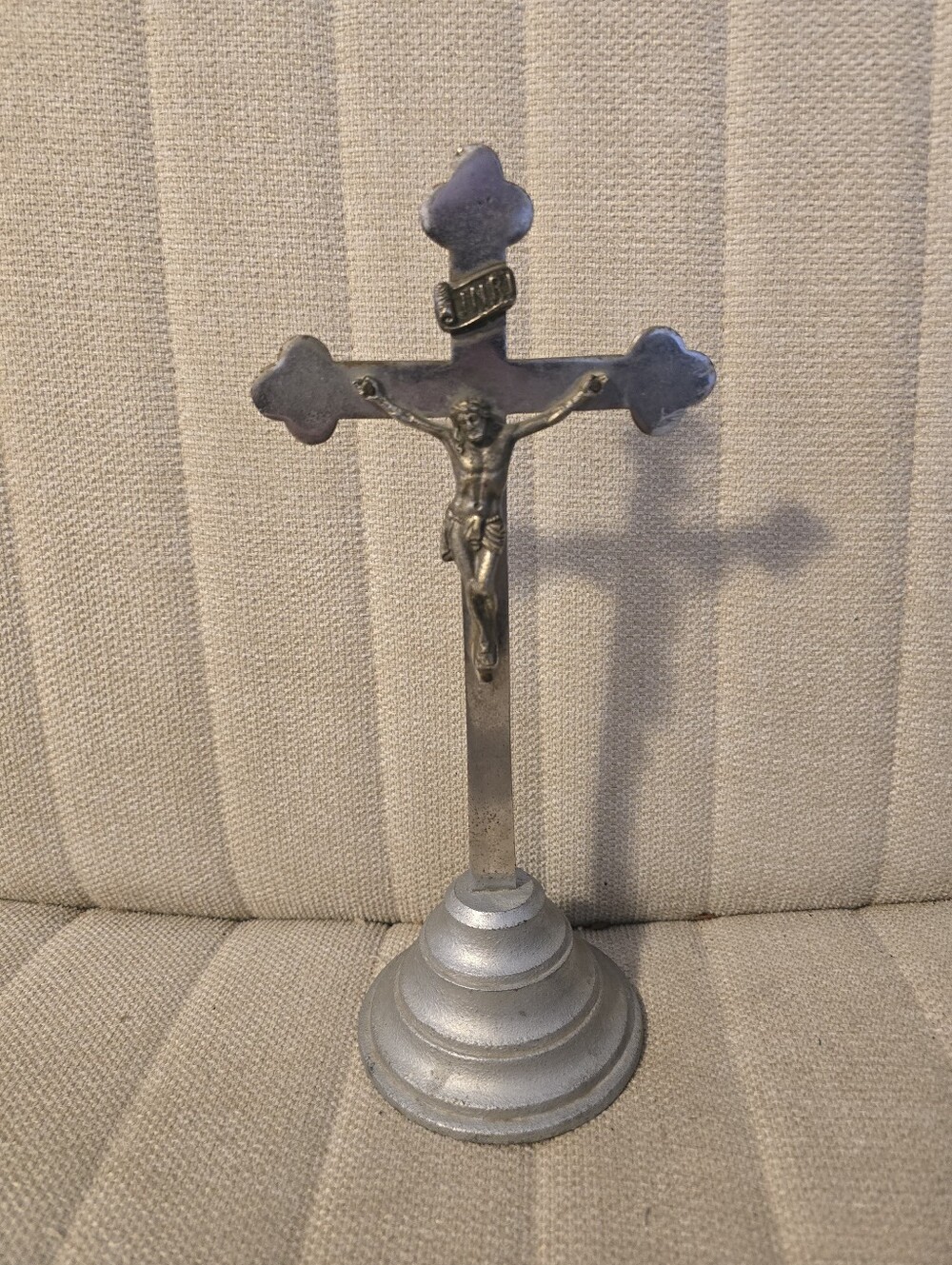 Vintage Catholic Metal Standing Altar Crucifix Cross Silver Tone Heavy